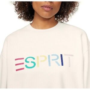 ESPRIT Logo Sweatshirt Women XS Cream Crewneck Relaxed Fit Cotton Blend NWT 80s‎